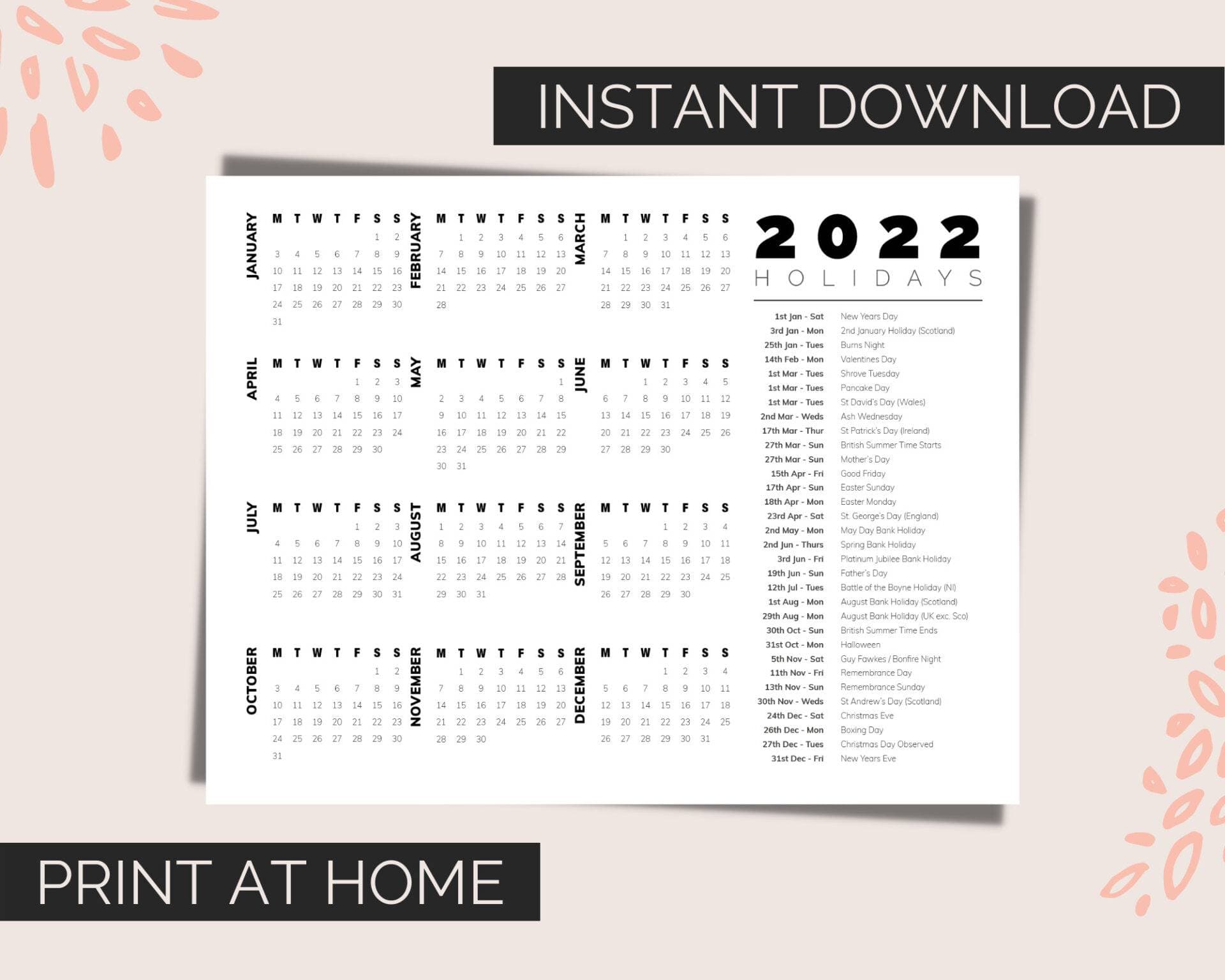 2022 Calendar with Holidays Printable