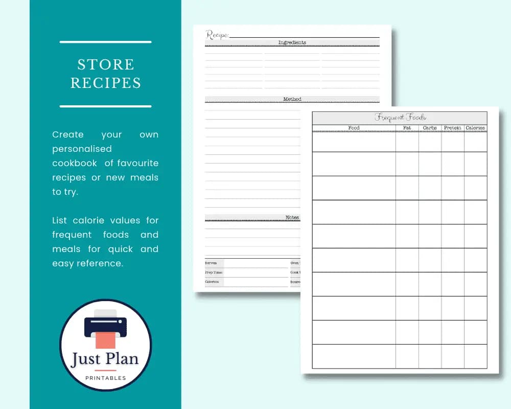 Weight loss tracker printable - Store favourite recipes and the nutritional details of frequent foods