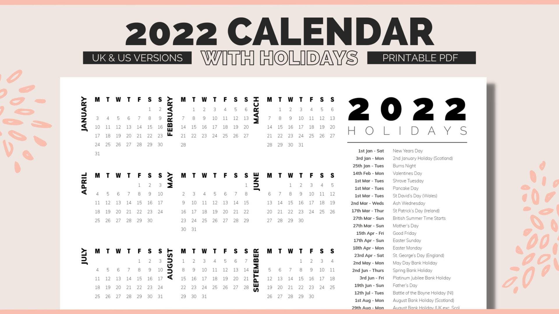 2022 Calendar with Holidays Printable