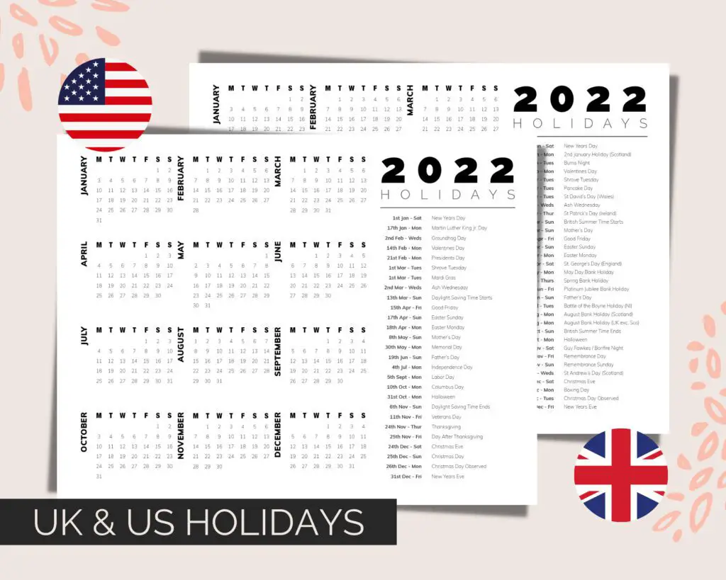 2022 Calendar with Holidays Printable