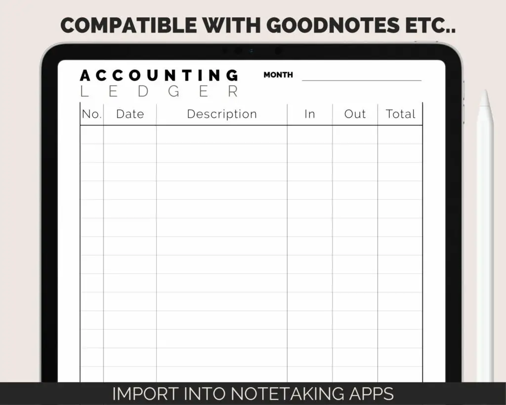 Printable Accounting Ledger - Compatible with iPad and Android notetaking apps like Goodnotes and Notability