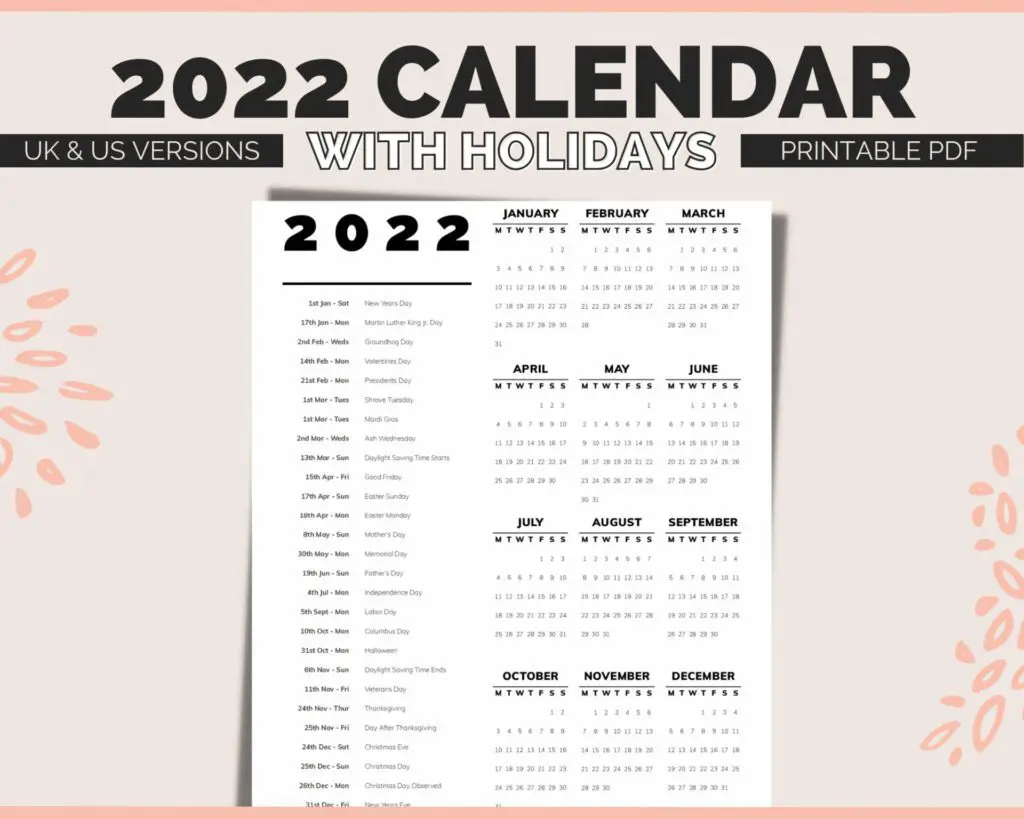 2022 calendar with holidays printable