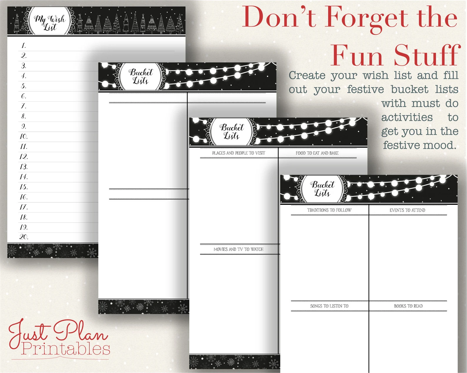 Christmas Planner Printables - Christmas bucket lists for movies and family traditions